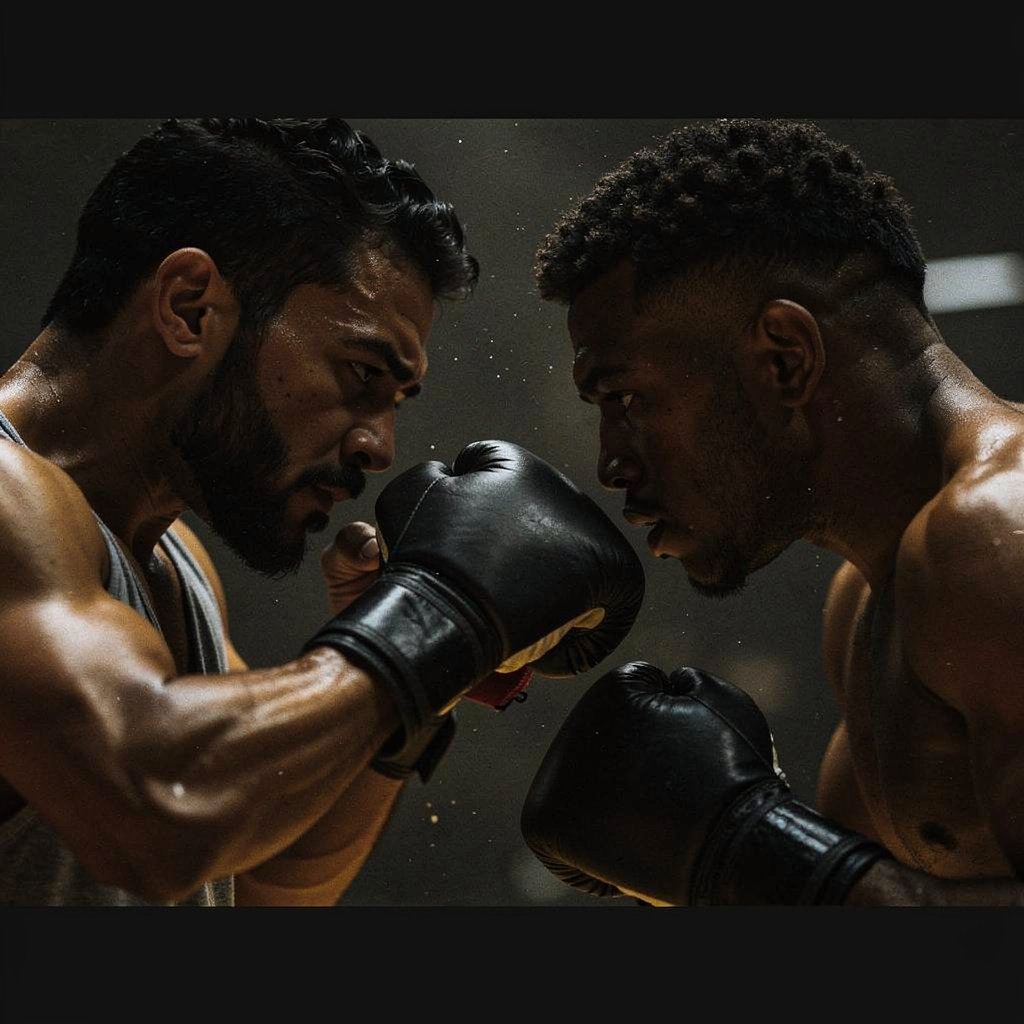 Zwei Boxer Aug in Aug beim kontrollierten Sparring